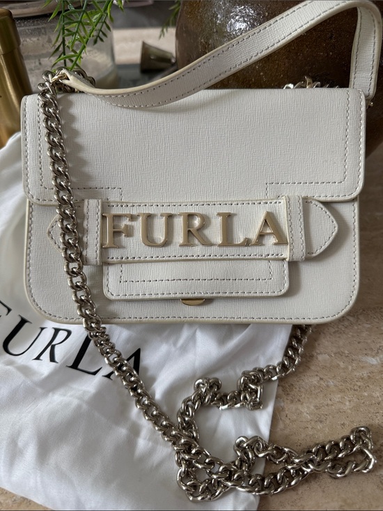 Furla Handbags - Furla Carol Mini Leather Chain Crossbody Flap Bag White Cream Furla Metal Logo